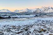 Die Wellen brechen am Strand mit Blick auf die Lyngen Alpen bei Sonnenaufgang, Hammarvika, Lyngenfjord, Lyngen Alpen, Troms, Norwegen, Lappland, Europa