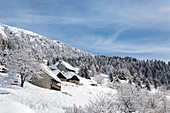 Winteransicht der Alp Calantigine, Alp Calantigine, Varzo, Verbano Cusio Ossola Provinz, Piemont, Italien, Europa