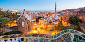 Barcelona, Catalonia, Spain, Southern Europe,  Antonie Gaudi's architecture in Park Guell at dusk