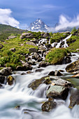 The first waterfalls of the great river Po', Crissolo, Po' Valley, Cuneo District, Piedmont, Italy