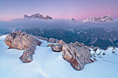 Europe, Italy, Veneto, Belluno, Agordino, Dolomites,  Pristine snow at Palazza Alta, Pelsa, Civetta group at dusk