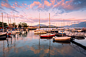 Port of Iseo at dawn, Brescia province, Lombardy district, Italy, Europe