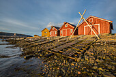 Die Farben der Morgendämmerung leuchten die Häuser der Fischer Flatanger Trøndelag Norwegen Europa