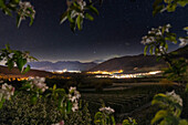 Italy, Trentino Alto Adige, Starry night over Non Valley in a frame of apple blossoms