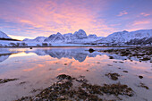 Delicate colors sunrise to Balsfjorden, Storsteinnes, Balsfjorden, Lyngen Alps, Troms, Norway, Lapland, Europe