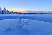 Sonnenuntergang über der Taiga an der Grenze zwischen Schweden und Finnland, Hukanmaa, Kitkiojoki, Norbottens Ian, Lappland, Schweden, Europa
