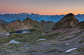 Bivouac Davide, St, Anthony valleys, Orobie regional park, Lombardy, Italy, View from Torsoleto pass to Bernina group at sunrise