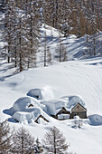 Winteransicht der Alp Solcio, Alp Solcio, Varzo, Verbano Cusio Ossola Provinz, Piemont, Italien, Europa