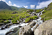 The first waterfalls of the great river Po' under the Monviso, Crissolo, Po' Valley, Cuneo District, Piedmont, Italy