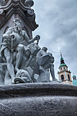 Europe, Slovenia, Ljubjana, Three Carniolan Rivers Fountain  and St, Nicholas cathedral in the background