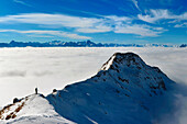 Ski Bergsteiger mit Meer von Wolken, Trécare peack, Valtournenche, Aostatal, Italien