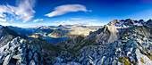 Panorama of Lake Montespluga framed by the rocky peaks Ferrè Tambò and Suretta Chiavenna Valley Valtellina Lombardy Italy Europe