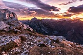 Europe, Italy, Veneto, Belluno Landscape from Palazza Alta, Civetta goup, at sunset Dolomites