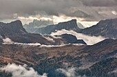 Europe, Veneto, Italy, Belluno The Giau pass as seen from Col di Lana with Nuvolau and Ra Gusela, Croda da Lago, Lastoni of Formin and Cernera, Dolomites