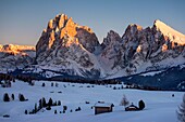 Alpe di Siusi Seiser Alm, Dolomites, South Tyrol, Italy Sunset on the Alpe di Siusi Seiser Alm In the background the peaks of Sassolungo Langkofel and Sassopiatto Plattkofel