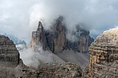 Sesto, Dolomites, South Tyrol, Italy Fog envelops the Tre Cime di Lavaredo   Drei Zinnen