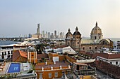 View toward the Church San Pedro Claver from the top of the Movich Hotel in the downtown colonial walled city, Cartagena, Colombia, South America