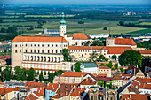Aerial view from Foly Hill on Mikulov town with Castle - former Liechtenstein and later Diestrichstein chateau, Czech Republic