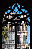 View out of the window of the historical building Llotja dels Mercaders at a splendid hous in the old town, Palma de Mallorca, Mallorca, Spain