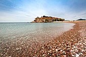 The 5-star hotel resort of Aman Sveti Stefan set on a small islet on the Adriatic coast, 6 km from Budva, Montenegro, Europe