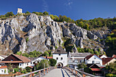 Bridge and bridge tower, Randeck Castle, Essing, nature park, Altmuehltal Valley, Bavaria, Germany, Europe