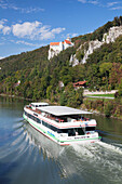 Excursion boat, Prunn Castle, Riedenburg, nature park, Altmuhltal Valley, Bavaria, Germany, Europe