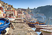Marina Corricella, pretty fishing village, colourful fishermen's houses, boats and nets, Procida Island, Bay of Naples, Campania, Italy, Europe