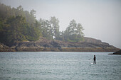 Eine junge Frau paddelt eine SUP im Pacific Rim Nationalpark, Vancouver Island, British Columbia