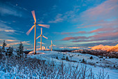 'Windkraftanlagen und gibbous Mond bei Sonnenaufgang, Winter, Pillar Mountain; Kodiak, Alaska, Vereinigte Staaten von Amerika'