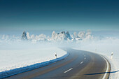 winter morning with foggy road, Muensing, Upper Bavaria, Bavaria, Germany