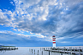 Lighthouse and piers, Podersdorf, lake Neusiedl, National Park lake Neusiedl, UNESCO World Heritage Site Fertö / Neusiedlersee Cultural Landscape, Burgenland, Austria