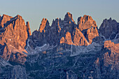Rock crags of Brenta-group in alpenglow, from Paganella, Paganella, Brenta group, UNESCO world heritage site Dolomites, Trentino, Italy