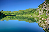 Mountains reflecting in lake Tappenkarsee, lake Tappenkarsee, Radstadt Tauern, Salzburg, Austria