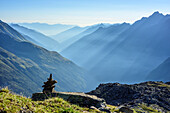 God beams in valley of Unterbergtal, Stubai highroute, Grosser Troegler, Stubai Alps, Tyrol, Austria