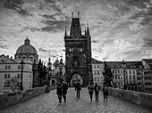 'Pedestrians on Charles Bridge; Prague, Czech Republic'