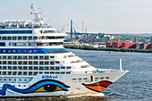 The cruise liner Aida Sol in the Hamburg harbour with the bridge Köhlbranbrücke in the background, Hamburg, Germany