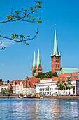 View over river Trave towards old town, St. Marien and St. Petri church, Luebeck, Baltic coast, Schleswig-Holstein, Germany