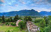 Panorama of ancient ruins of Fort Fuentes framed by green hills at dawn, Colico, Lecco province, Valtellina, Lombardy, Italy, Europe