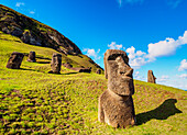 Moais im Steinbruch am Hang des Vulkans Rano Raraku, Nationalpark Rapa Nui, UNESCO-Weltkulturerbe, Osterinsel, Chile, Südamerika