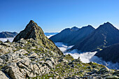 Urfallspitze and Wetterspitzen, fog in the valley, Wilder Freiger, Stubai Alps, Tyrol, Austria