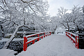 Snow-covered Japanese bridge, Ohara valley, Kyoto, Japan, Asia