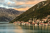 Perast at sunset, elevated view, from a cruise ship, Bay of Kotor, UNESCO World Heritage Site, Montenegro, Europe