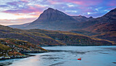 Loch a' Chairn Bhain, Mount Quinag's peaks Sail Gharbh and Sail Ghorm on right edge, Sutherland, Highlands, Scotland, United Kingdom, Europe
