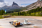 Breakfast at Croda da Lago Refuge with Mount Becco di Mezzodì in the background,Cortina d'Ampezzo,Belluno district,Veneto,Italy