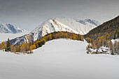 The village of Petosan in his hollow (La Thuile Valley, Aosta Valley, Italy, Italian alps)