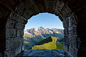 View from the window on the Fuscher Toerl tower towards Vorder Bratschenkopf and Grosses Viesbachhorn, Grossglockner High Alpine Road, Hohe Tauern National Park, Carinthia, Austria