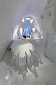 Sculptures of ice in the interior rooms of the Ice Hotel, Jukkasjarvi, Kiruna, Norrbotten County, Lapland, Sweden