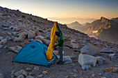 Josh Smith camping on Mount Fiske, Evolution Traverse, John Muir Wilderness, Kings Canyon National Park, Bishop, California.