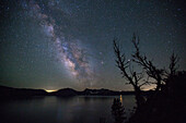 The Milky Way Galaxy visible over Crater Lake National Park in Oregon.
