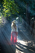 Young woman with sun hat strolls along path with sun rays shining through dust, Yandabo, near Myingyan, Mandalay, Myanmar
